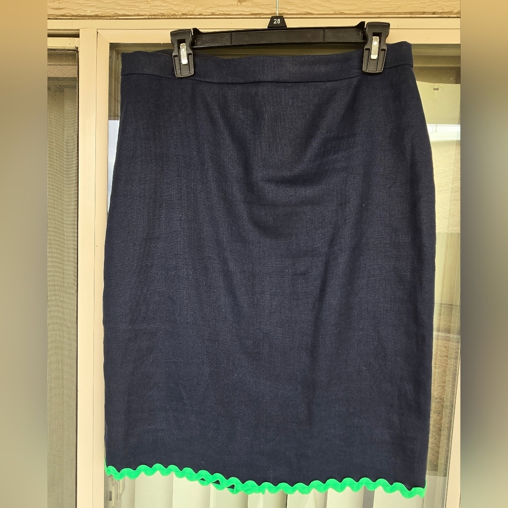 J. Crew Navy Linen Pencil Skirt with Green Trim